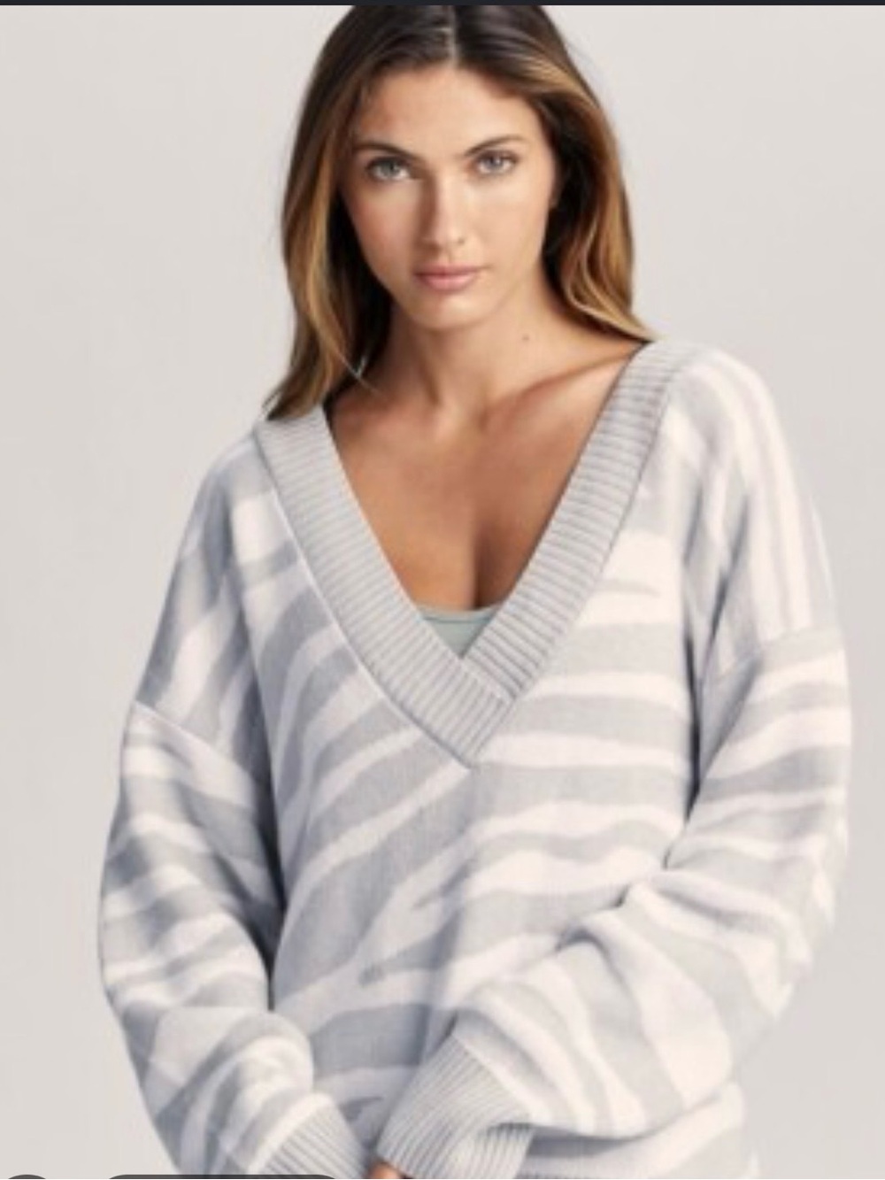 New! Variety Calvert V-Neck Zebra Stripe Oversized Sweater in Light Gray/White S